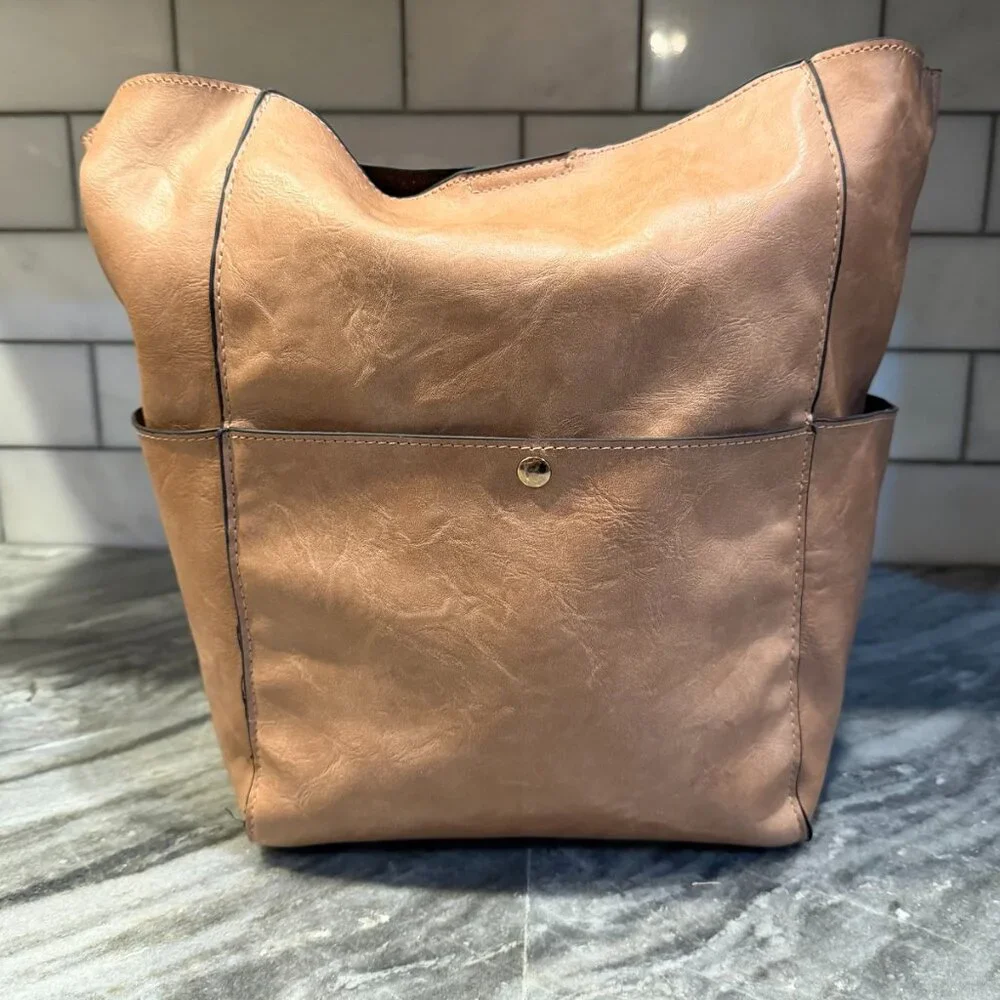 Tan Faux Leather Hobo/Bucket Bag with 3 Exterior Pockets